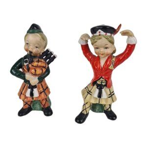 2 Lefton Scottish Boy Playing Bagpipes Girl Dancing Rare Figurines Vintage 2A
